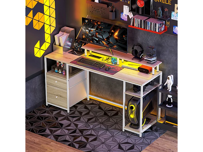 Escritorio Rivera Homcom luz LED con soporte y 2 cajones natural 88,5x55,5x48 cm