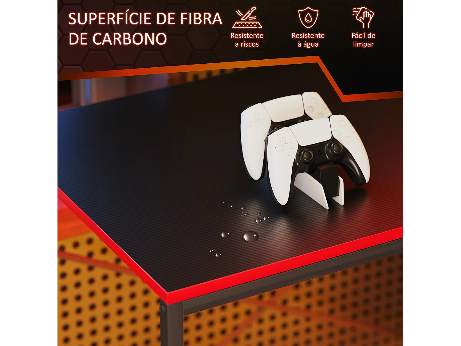 Escritorio Plus Homcom 3 estantes + estación de carga + luz LED negro/rojo 113x110x50 cm