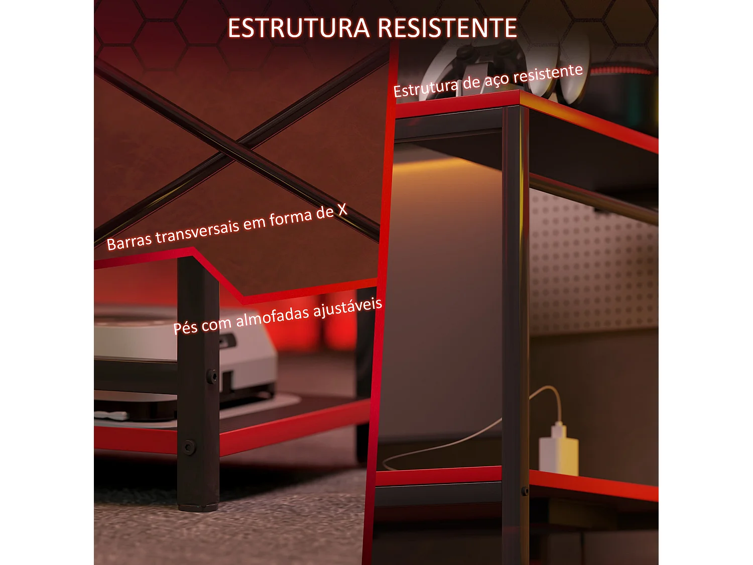 Escritorio Plus Homcom 3 estantes + estación de carga + luz LED negro/rojo 113x110x50 cm