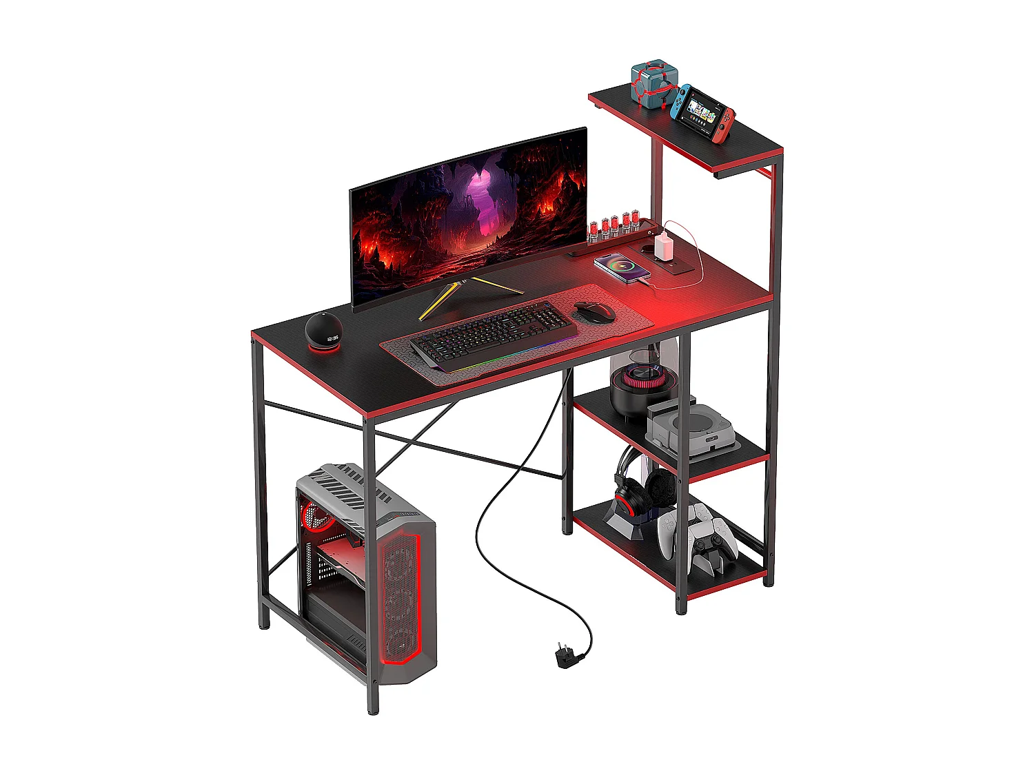 Secretária Gamer com Luzes LED e Tomadas Integradas para Escritório