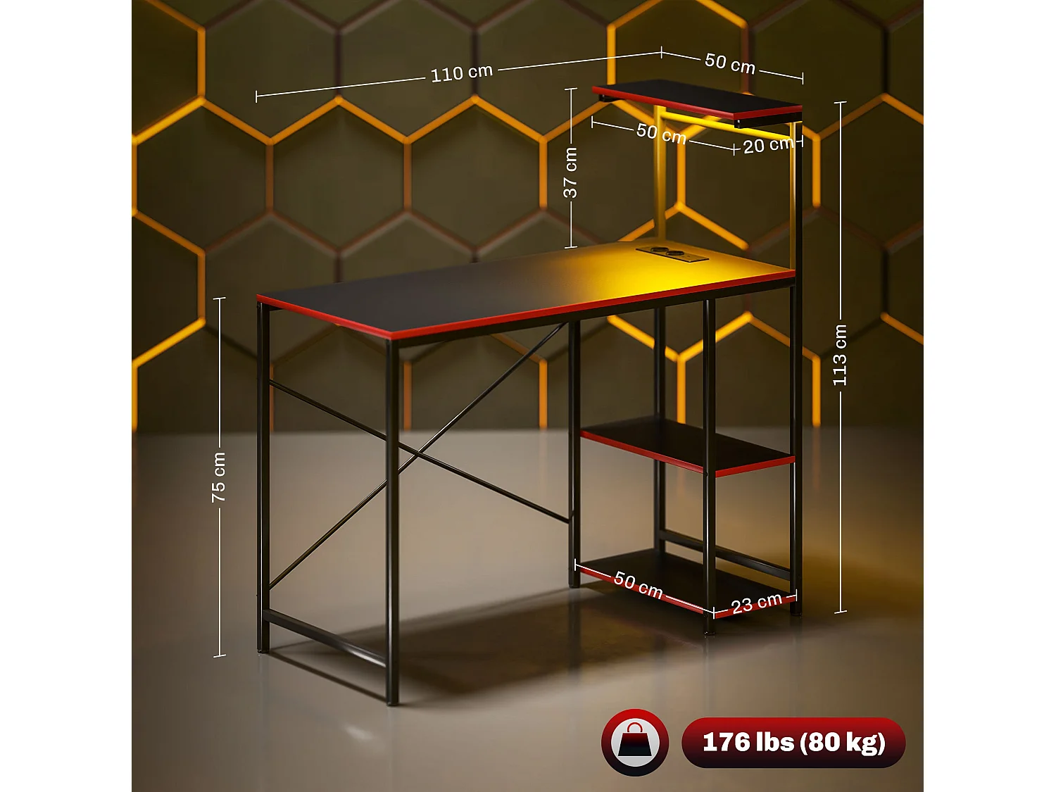 Secretária Gamer com Luzes LED e Tomadas Integradas para Escritório