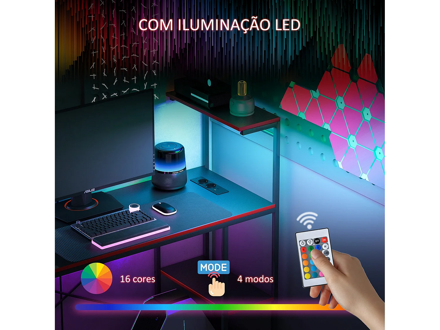 Secretária Gamer com Luzes LED e Tomadas Integradas para Escritório