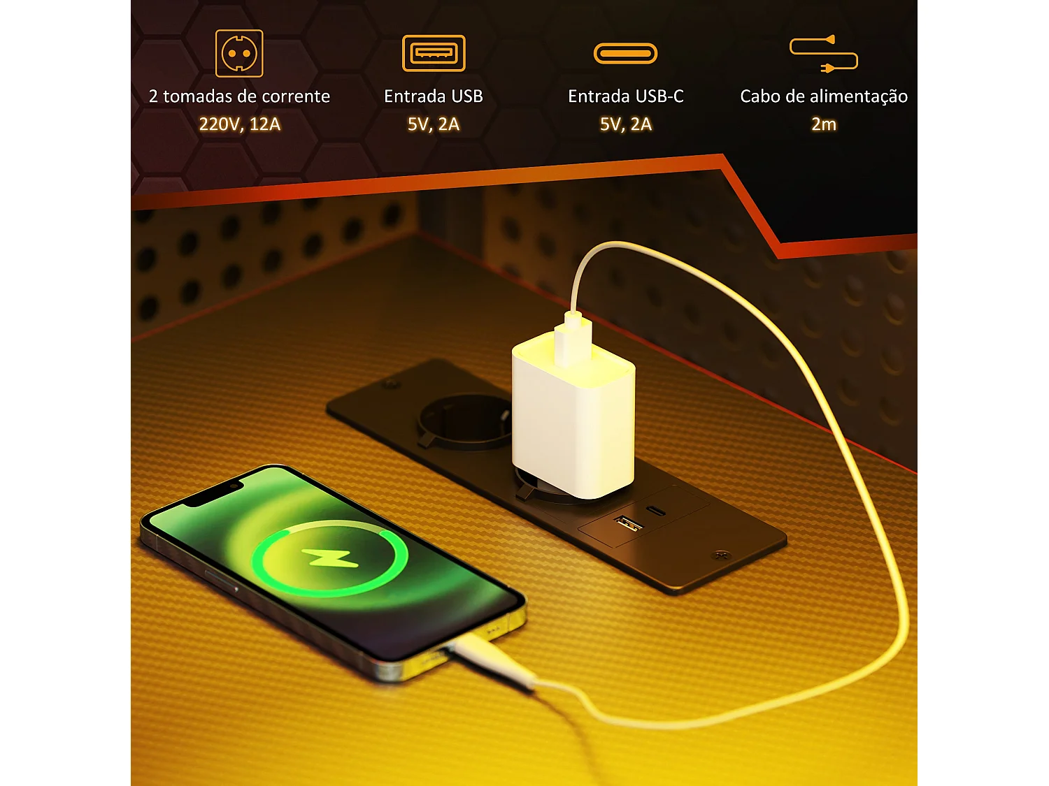 Secretária Gamer com Luzes LED e Tomadas Integradas para Escritório