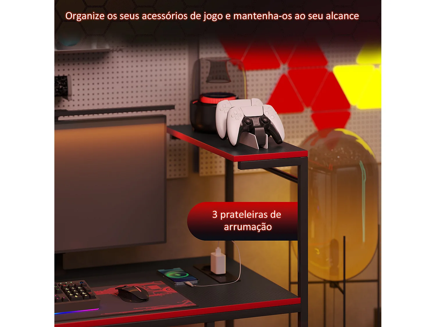 Secretária Gamer com Luzes LED e Tomadas Integradas para Escritório