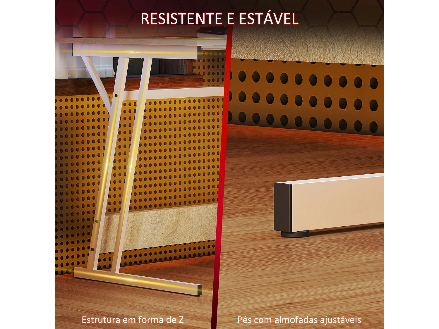 Escritorio Adrien Homcom Luz LED + 1 estante + estación de carga blanco/natural 88,5x100x60 cm