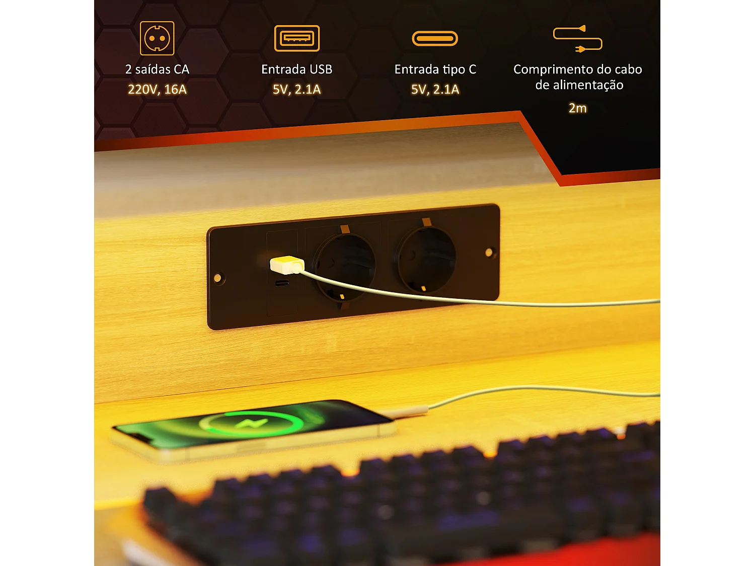 Secretária de Canto Moderna Dijon 100x60x88 com Iluminação LED e Design Funcional