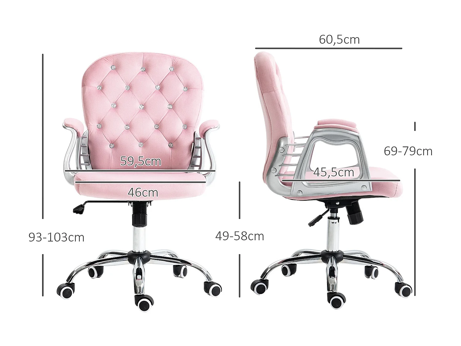 Silla de oficina Spring Vinsetto altura ajustable + respaldo inclinable rosa 93-103x59,5x60,5 cm