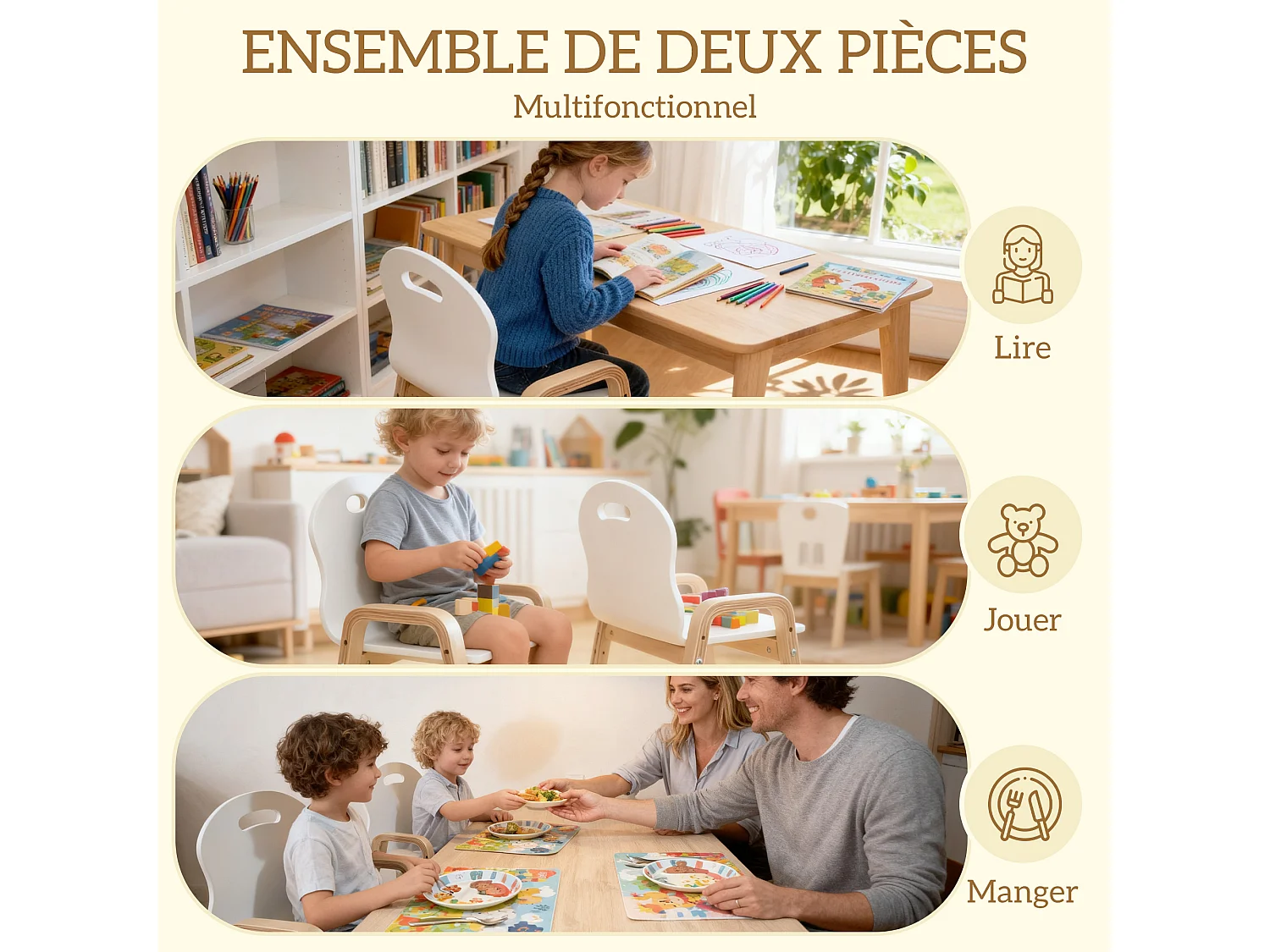 Lot de 2 chaises enfant style nordique en bois - hauteur réglable 4 niv. - empilables