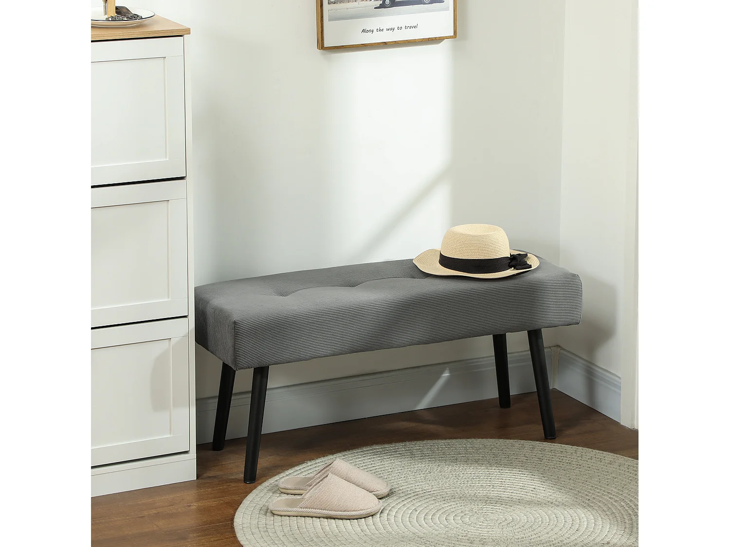 Banquette bout de lit velours côtelé design dim. 100 x 36 x 45 cm acier noir tissu gris