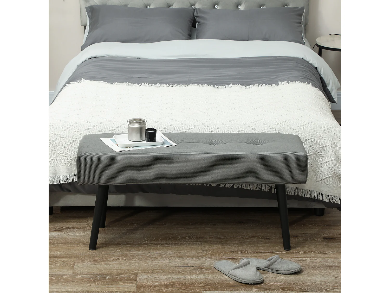 Banquette bout de lit velours côtelé design dim. 100 x 36 x 45 cm acier noir tissu gris