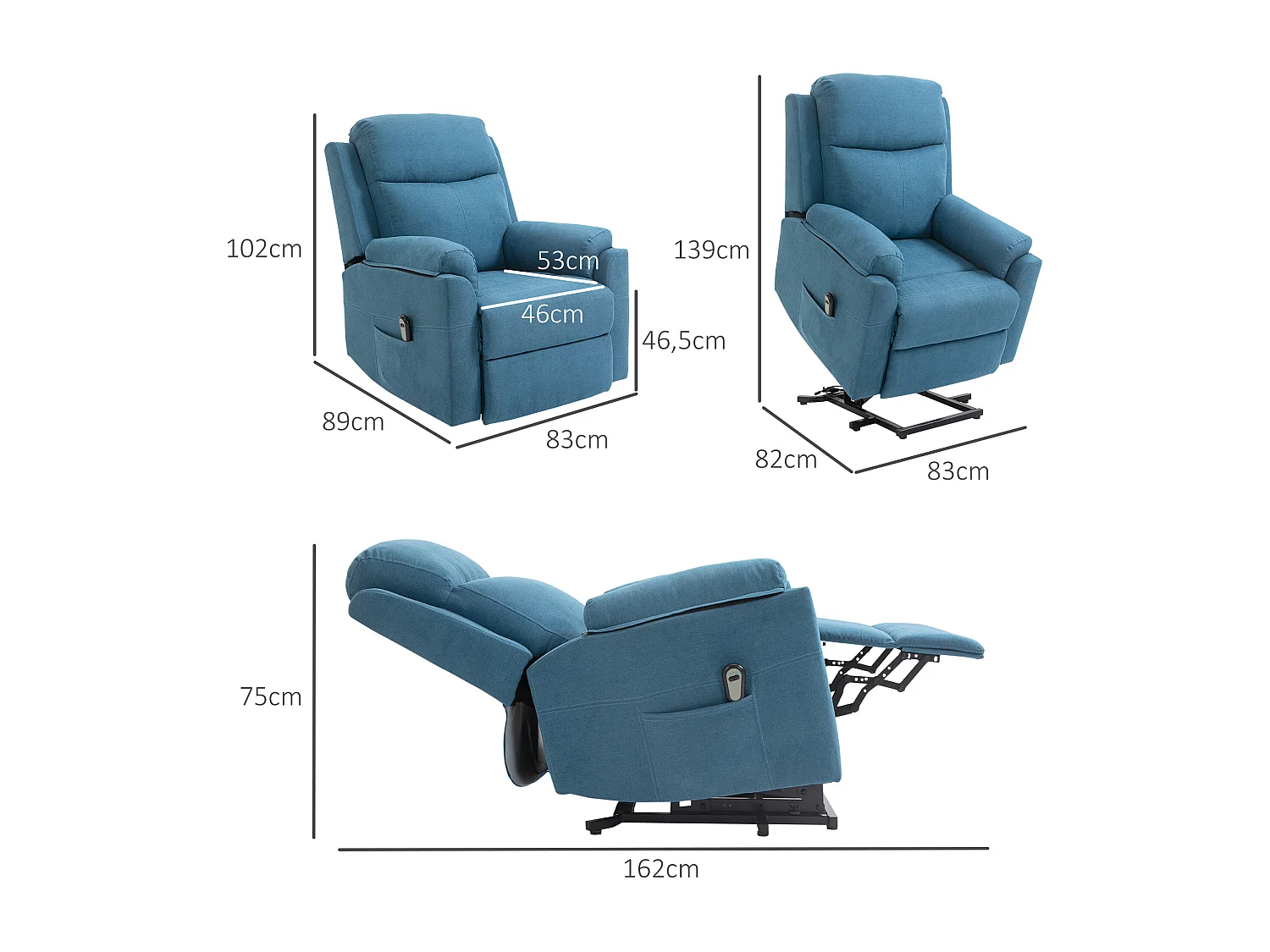 Fauteuil de relaxation électrique - fauteuil releveur inclinable avec repose-pied ajustable et télécommande - tissu aspect lin bleu