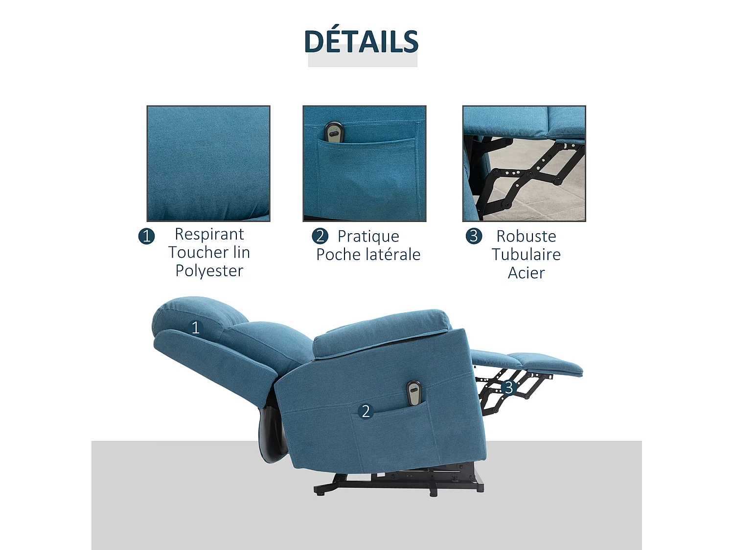 Fauteuil de relaxation électrique - fauteuil releveur inclinable avec repose-pied ajustable et télécommande - tissu aspect lin bleu