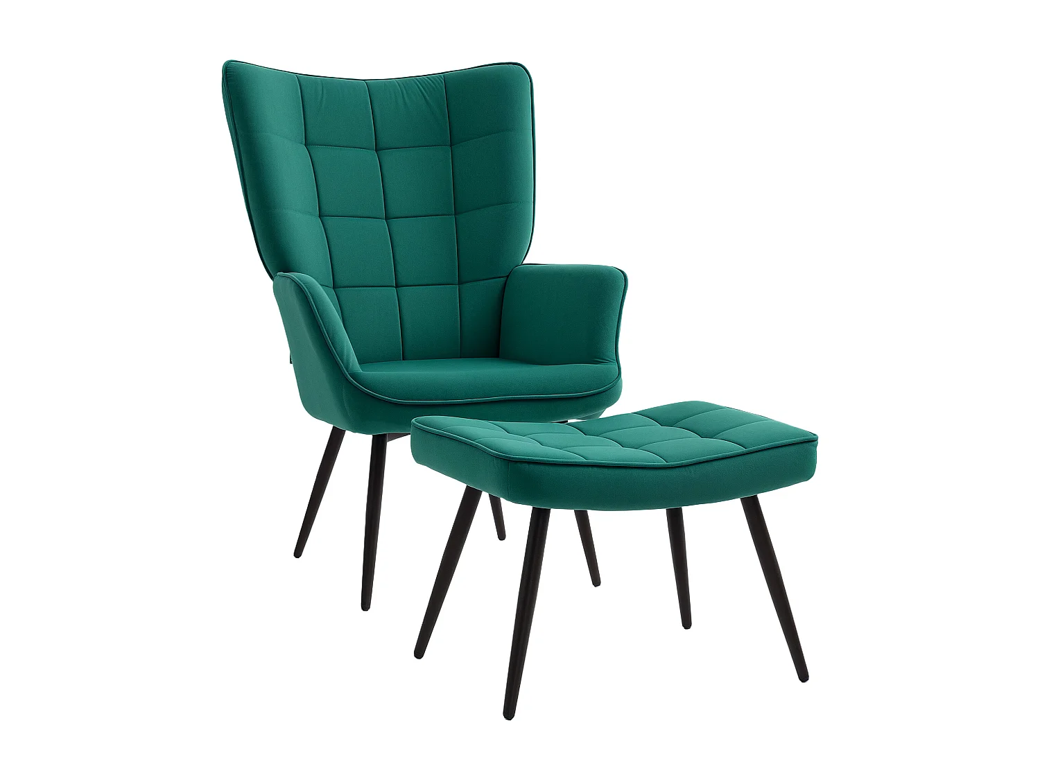 Fauteuil design néo-rétro haut dossier effet capitonné à oreilles - repose-pied inclus - piètement effilé acier noir tissu aspect velours vert emeraude