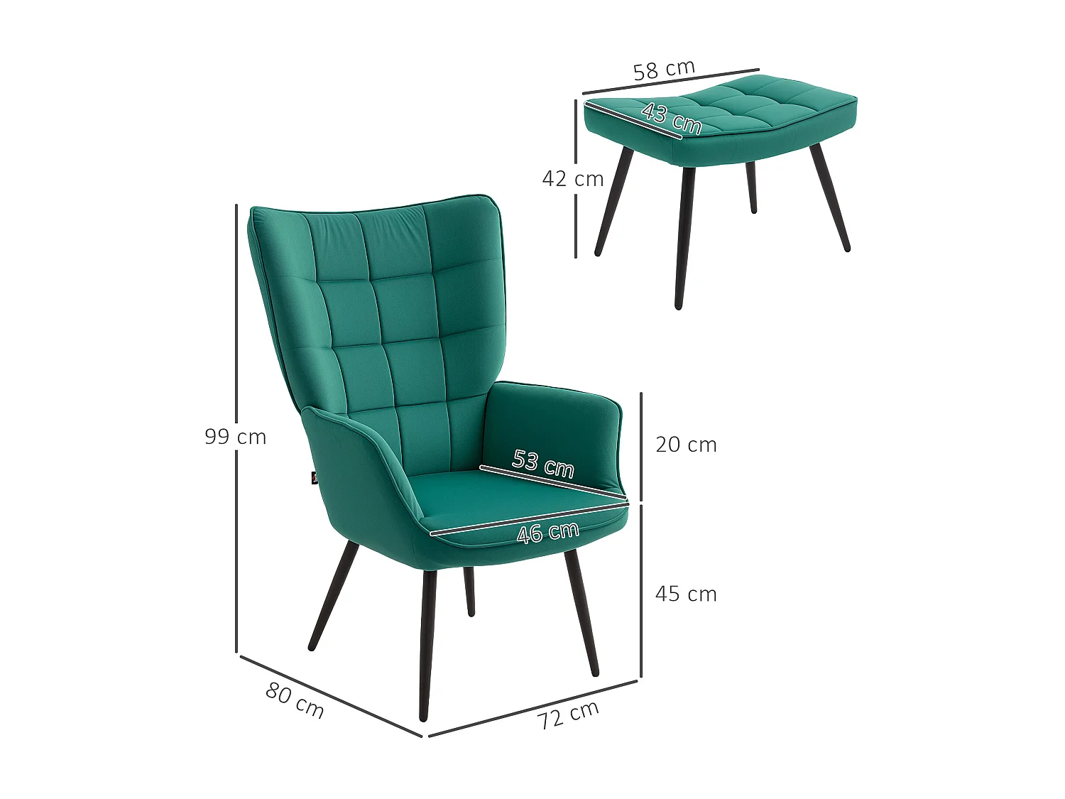 Fauteuil design néo-rétro haut dossier effet capitonné à oreilles - repose-pied inclus - piètement effilé acier noir tissu aspect velours vert emeraude