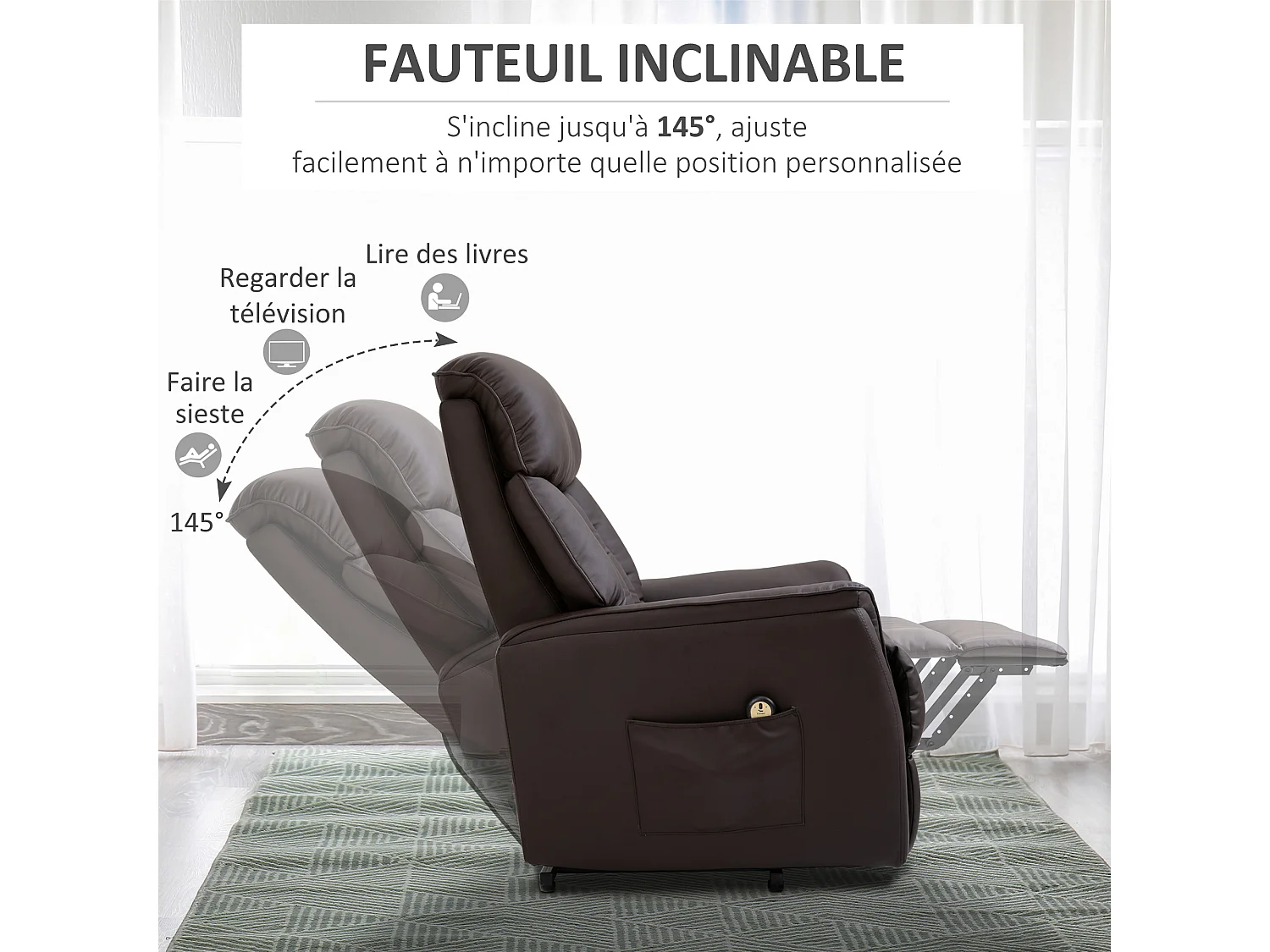 Fauteuil de relaxation électrique fauteuil releveur inclinable avec repose-pied ajustable revêtement synthétique tissu chocolat