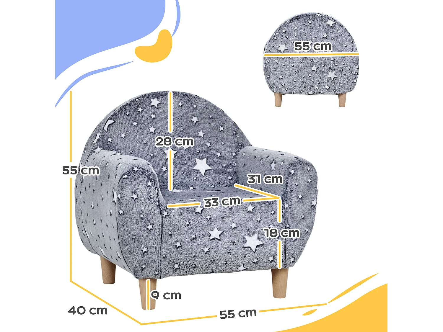 Fauteuil enfants canapé pour enfants phosphorescent avec motif étoilé, gris