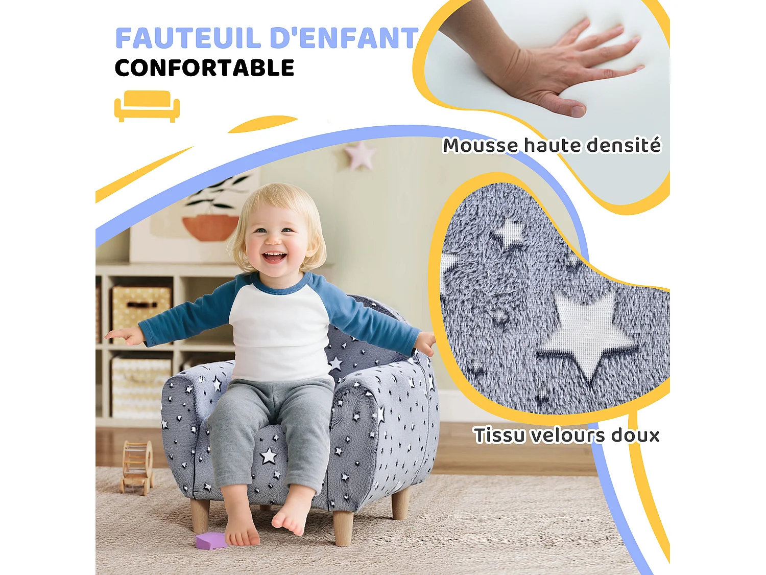 Fauteuil enfants canapé pour enfants phosphorescent avec motif étoilé, gris