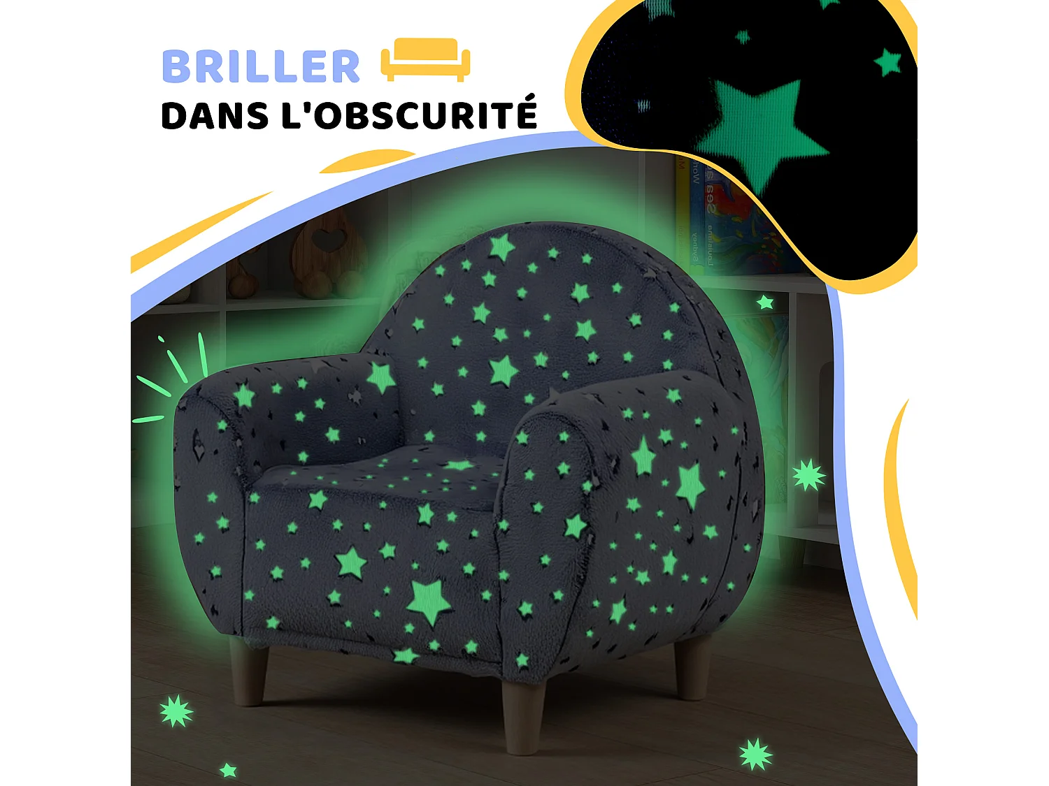 Fauteuil enfants canapé pour enfants phosphorescent avec motif étoilé, gris