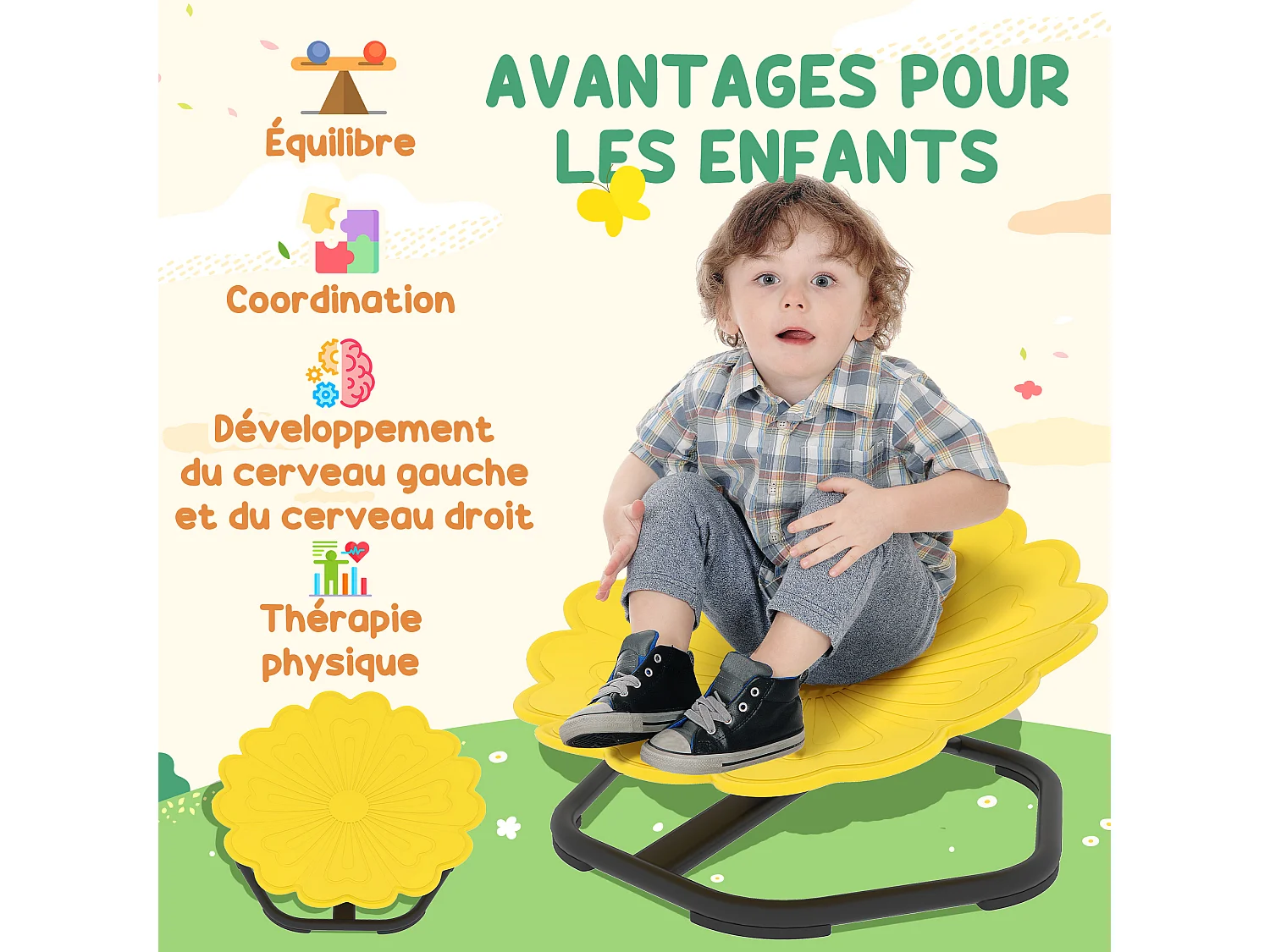 Chaise pivotante sensorielle pour enfant – Siège d'entraînement à l'équilibre et à la coordination – Jaune