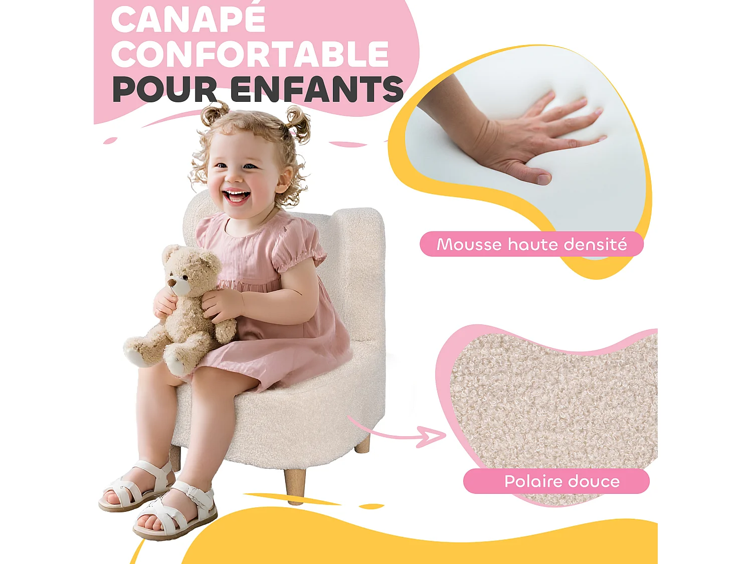 Fauteuil enfant design scandinave nuage - piètement bois clair tissu polaire beige