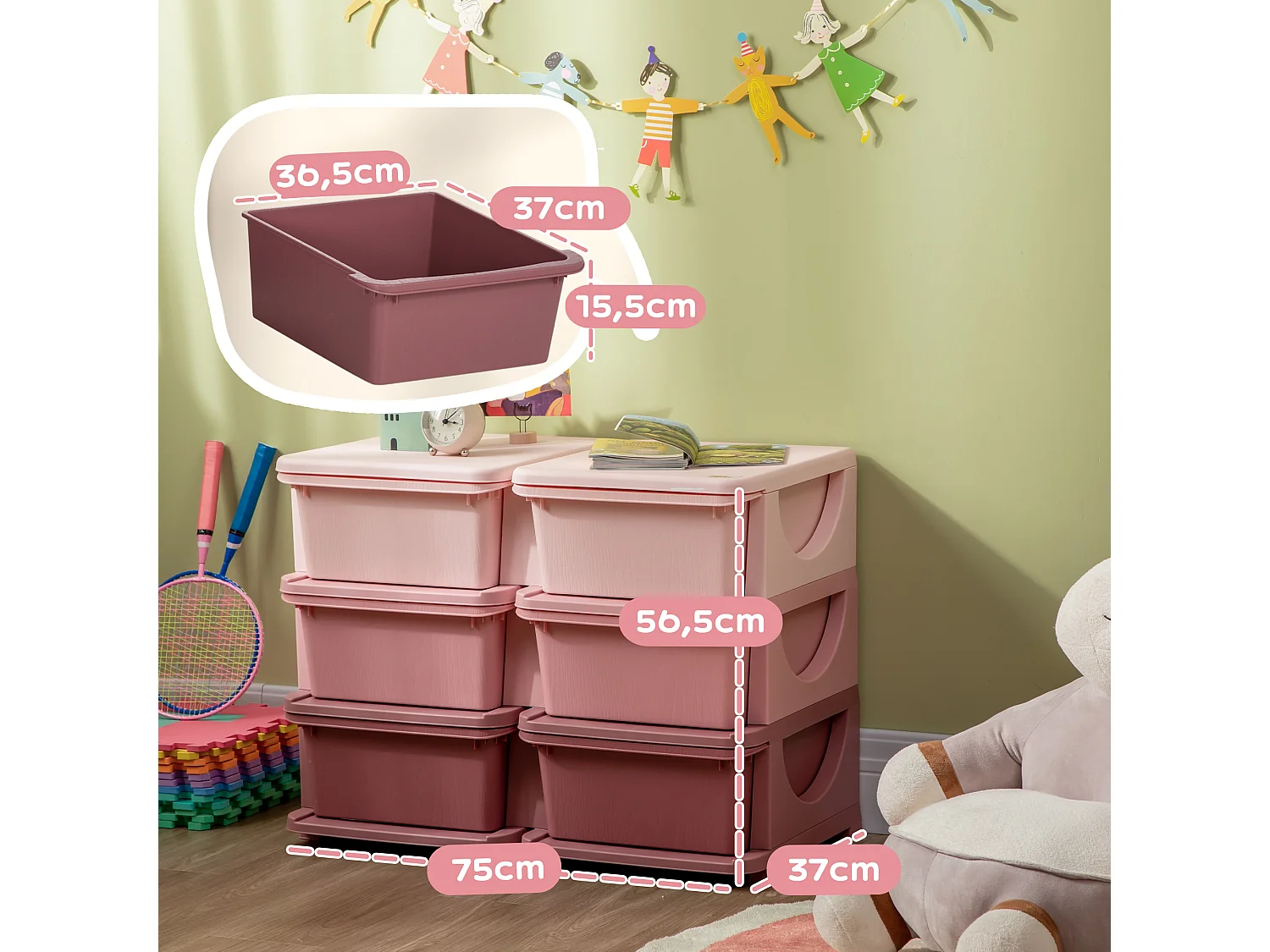 Organisateur de jouets enfant 6 tiroirs 3 niveaux rose