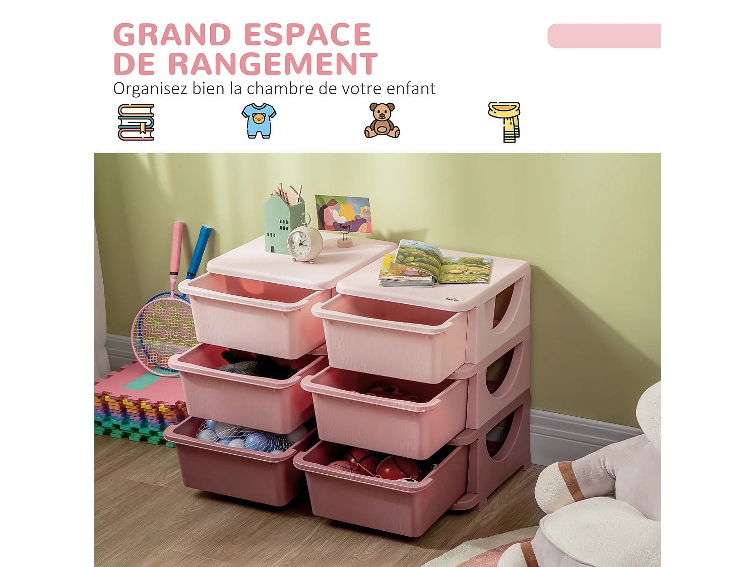 Organisateur de jouets enfant 6 tiroirs 3 niveaux rose