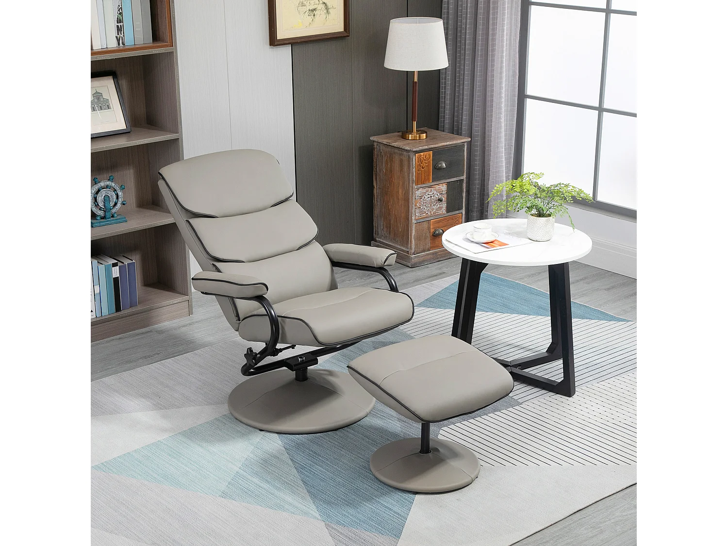 Fauteuil relax inclinable pivotant avec repose-pieds liserets noir synthétique gris