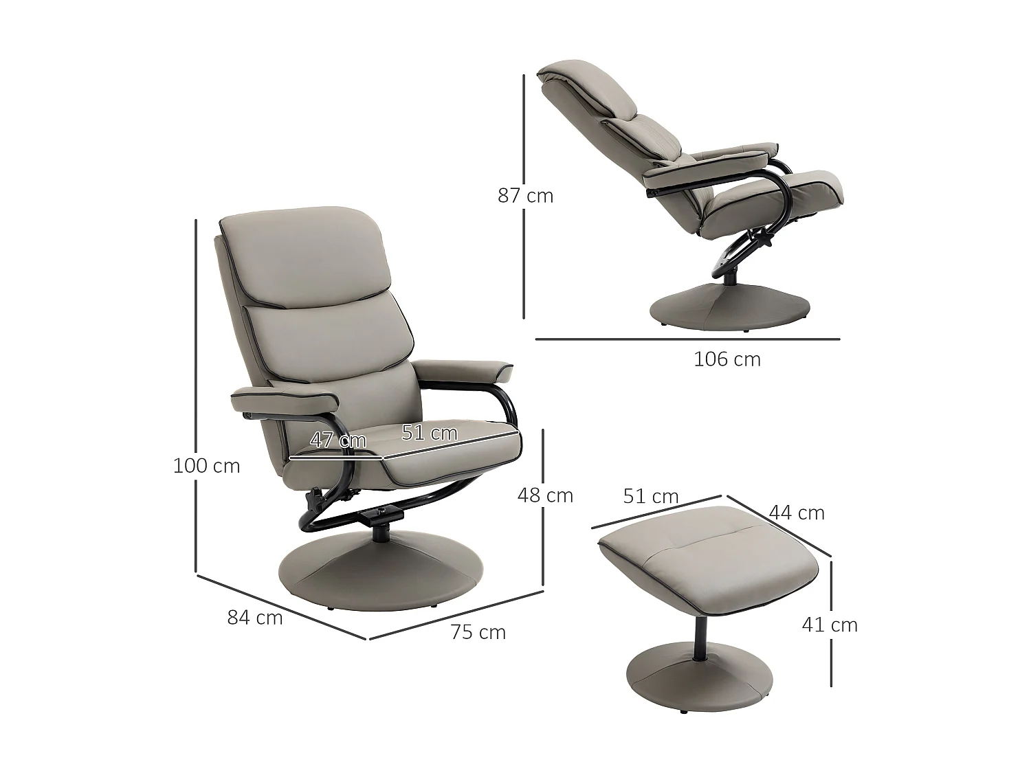 Fauteuil relax inclinable pivotant avec repose-pieds liserets noir synthétique gris