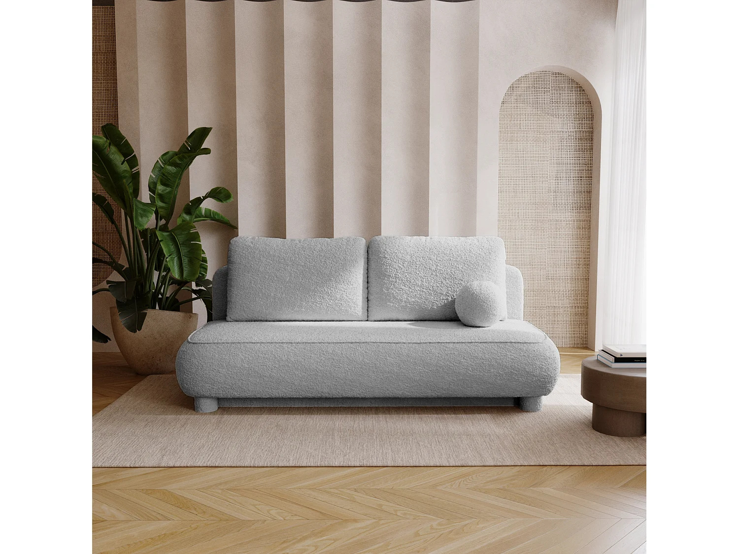 BESILIO Canapé deux places Toby – tissu bouclé, canapé convertible – Gris clair