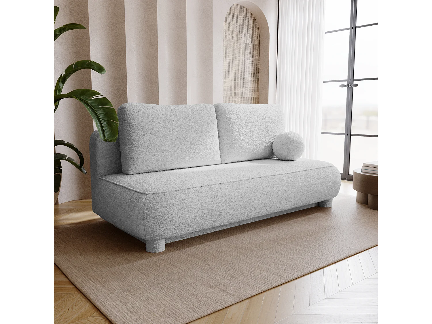 BESILIO Canapé deux places Toby – tissu bouclé, canapé convertible – Gris clair