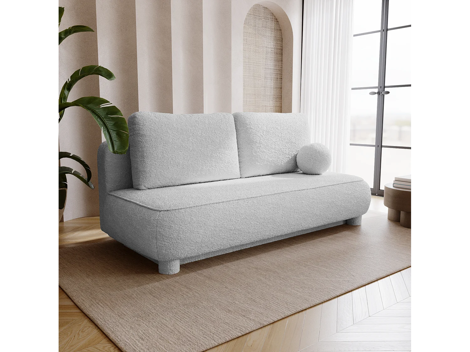 BESILIO Canapé deux places Toby – tissu bouclé, canapé convertible – Gris clair