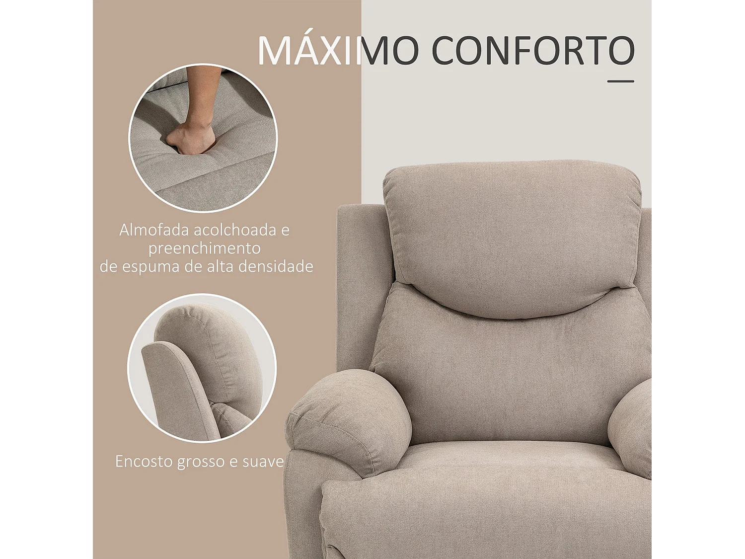 Poltrona Reclinável Confortável para Sala de Estar e Quarto com Apoios e Estilo Clássico em Bege
