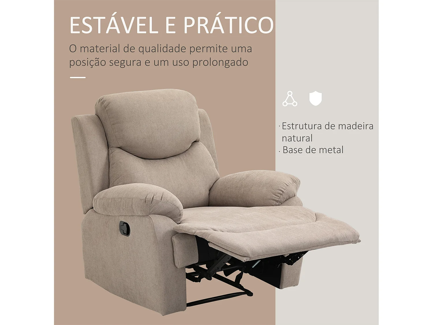 Poltrona Reclinável Confortável para Sala de Estar e Quarto com Apoios e Estilo Clássico em Bege