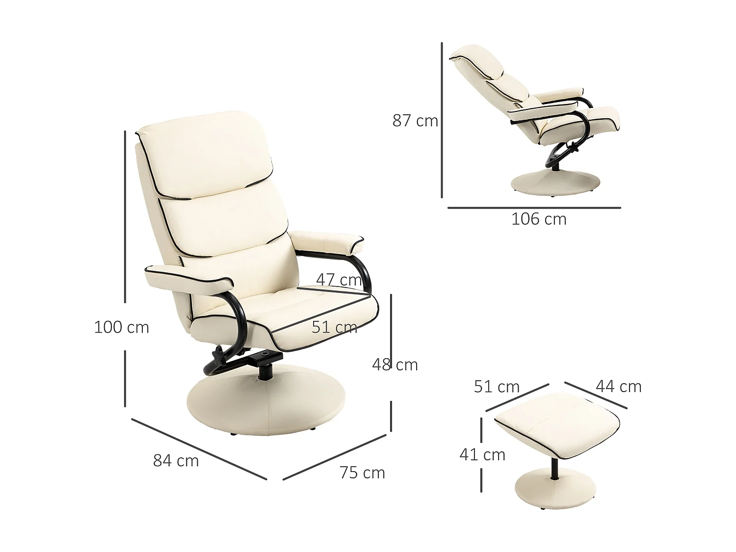 Fauteuil relax inclinable pivotant avec repose-pieds liserets noir synthétique crème