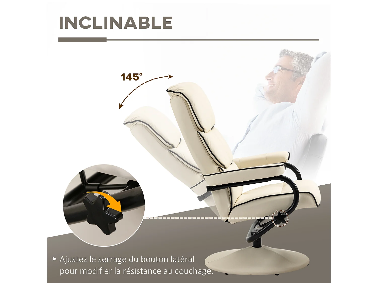 Fauteuil relax inclinable pivotant avec repose-pieds liserets noir synthétique crème