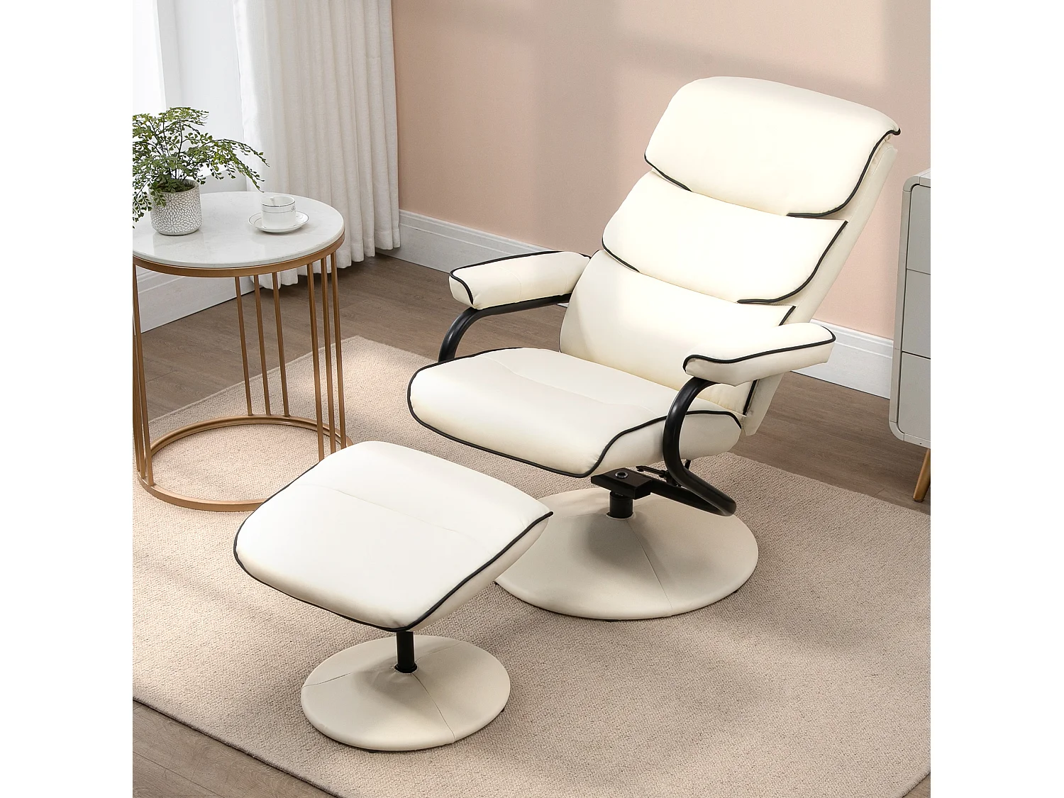 Fauteuil relax inclinable pivotant avec repose-pieds liserets noir synthétique crème