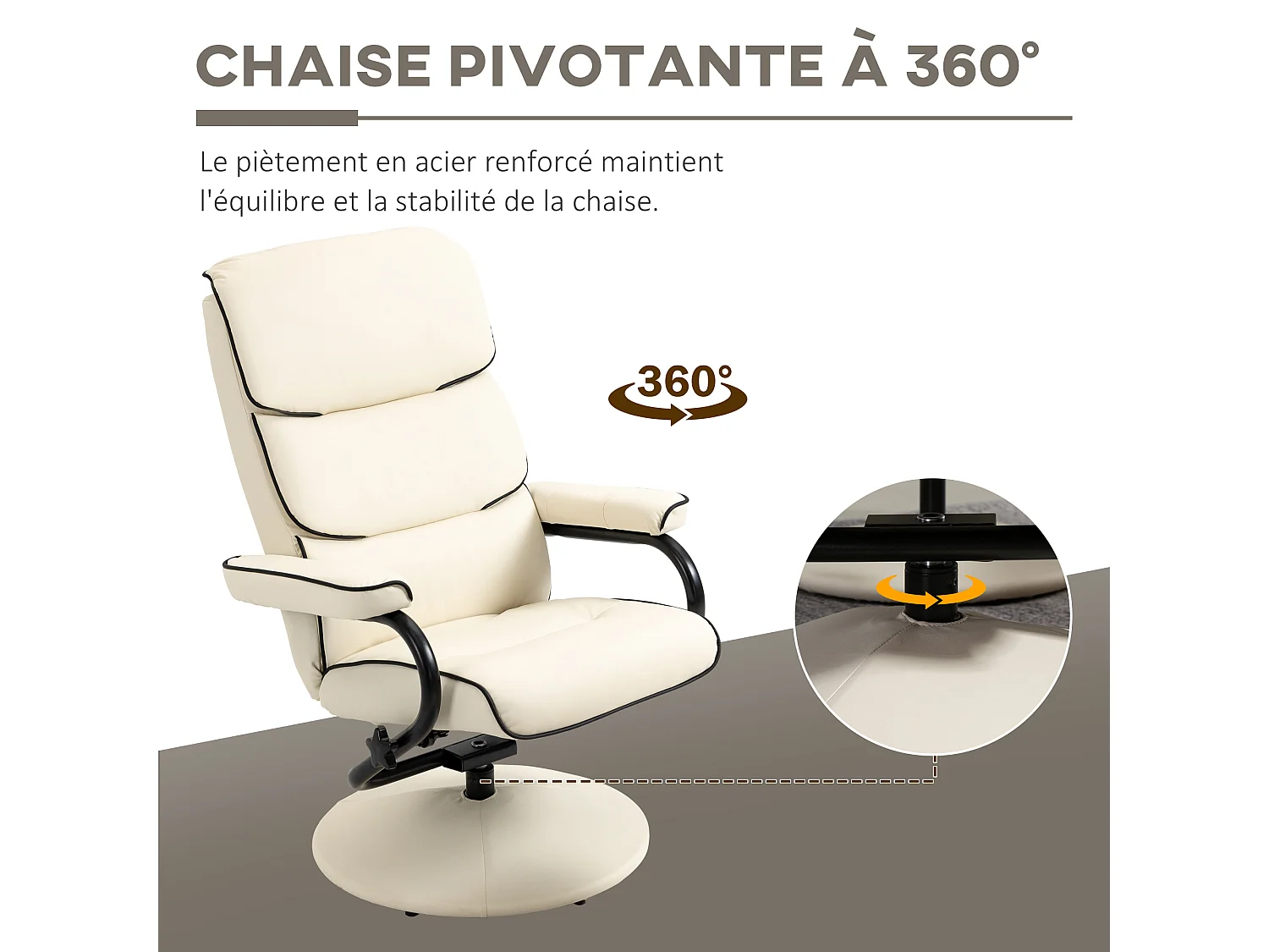Fauteuil relax inclinable pivotant avec repose-pieds liserets noir synthétique crème