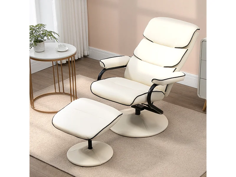 Fauteuil relax inclinable pivotant avec repose-pieds liserets noir synthétique crème