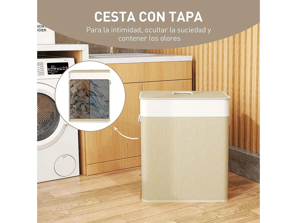 Cesto para ropa sucia Jodie Homcom 100L 2 cestas + tapa marrón 63x52x32 cm