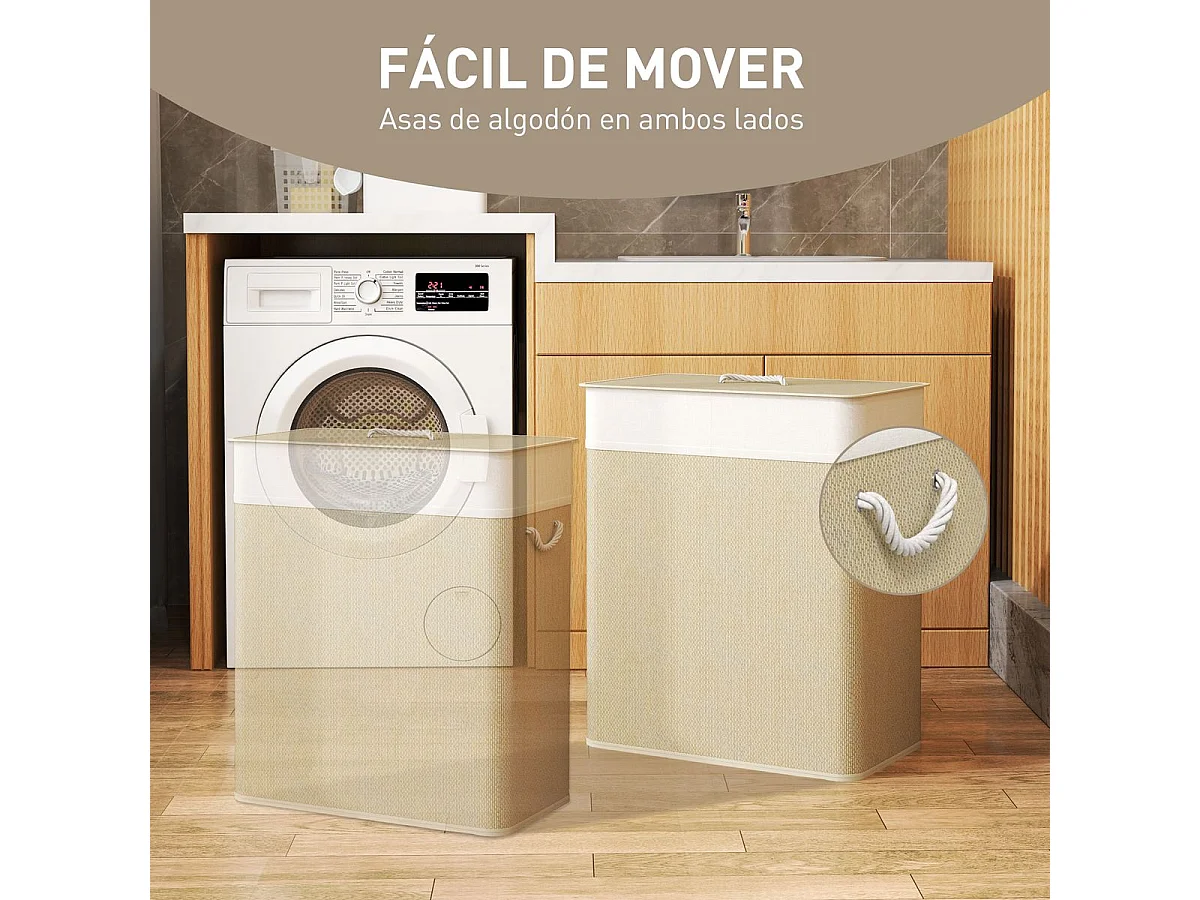 Cesto para ropa sucia Jodie Homcom 100L 2 cestas + tapa marrón 63x52x32 cm