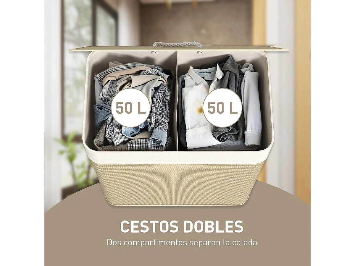 Cesto para ropa sucia Jodie Homcom 100L 2 cestas + tapa marrón 63x52x32 cm