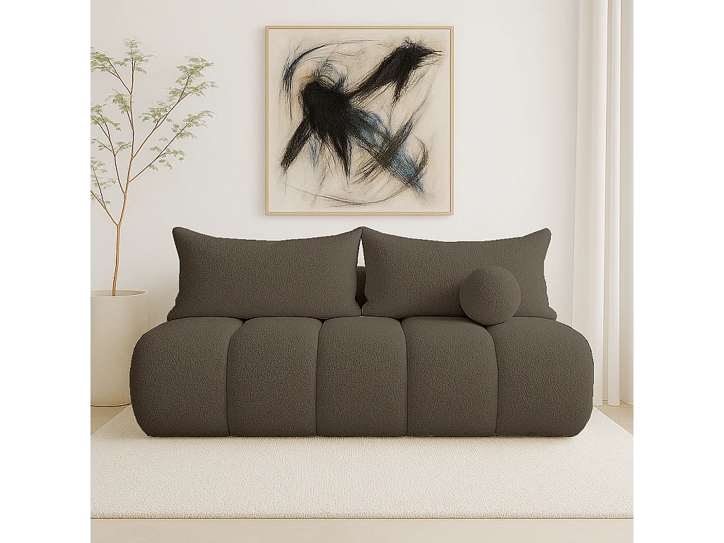 BESILIO Canapé arrondi convertible Glomi – tissu bouclé, canapé avec fonction lit – Marron