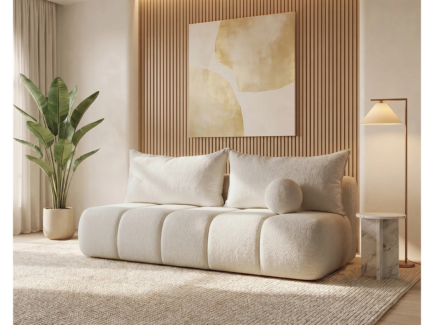 BESILIO Canapé arrondi convertible Glomi – tissu bouclé, canapé avec fonction lit – Beige