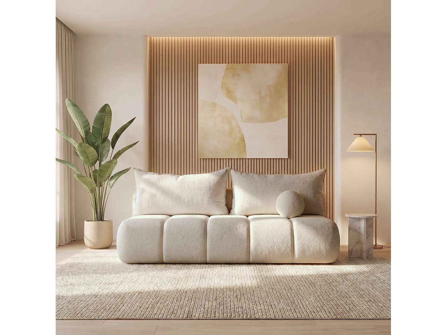 BESILIO Canapé arrondi convertible Glomi – tissu bouclé, canapé avec fonction lit – Beige