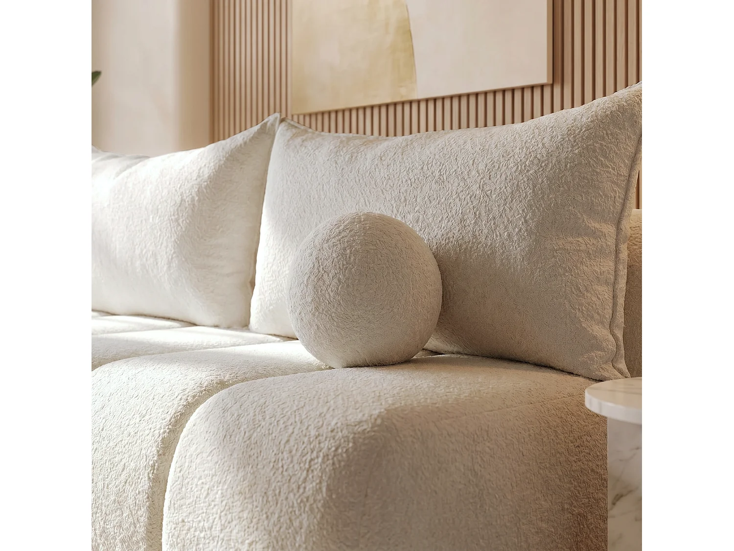 BESILIO Canapé arrondi convertible Glomi – tissu bouclé, canapé avec fonction lit – Beige