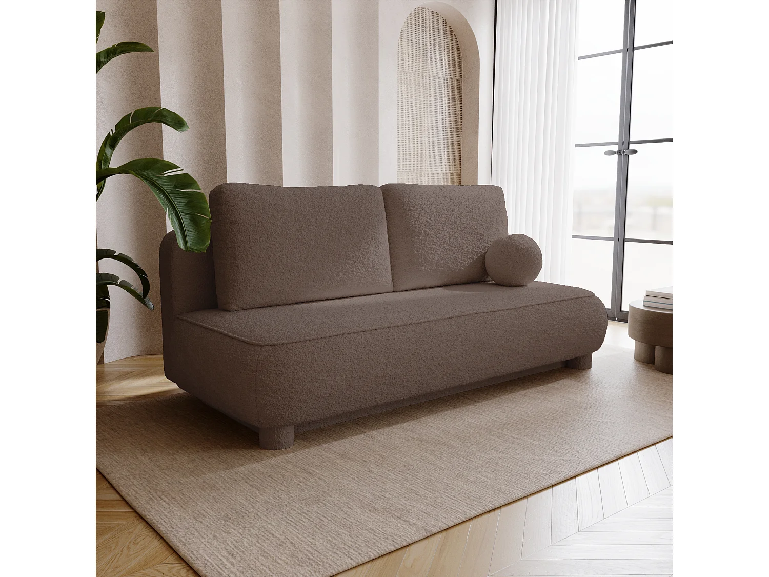 BESILIO Canapé deux places Toby – tissu bouclé, canapé convertible – Marron