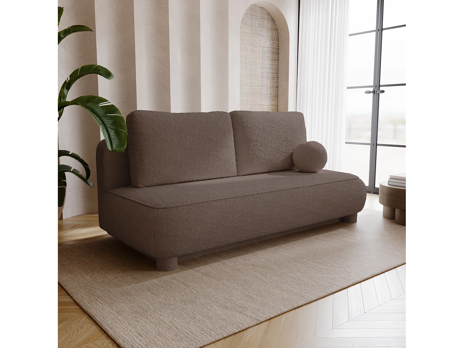 BESILIO Canapé deux places Toby – tissu bouclé, canapé convertible – Marron