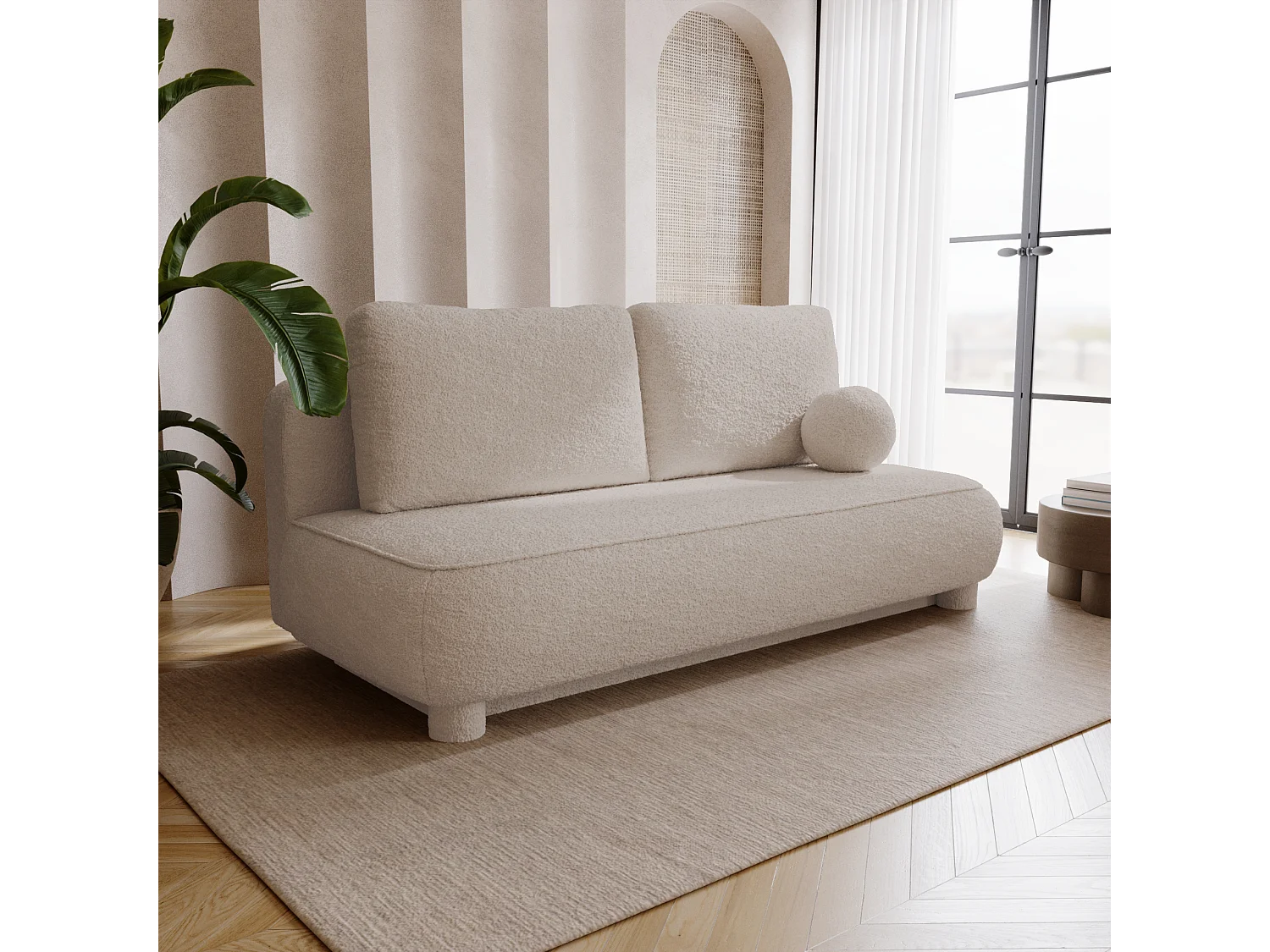 BESILIO Canapé deux places Toby – tissu bouclé, canapé convertible – Beige