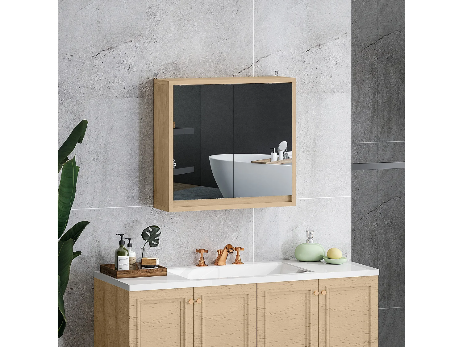 Armario de baño Ricotta Homcom 2 puertas con espejo natural 45x48x14,5 cm