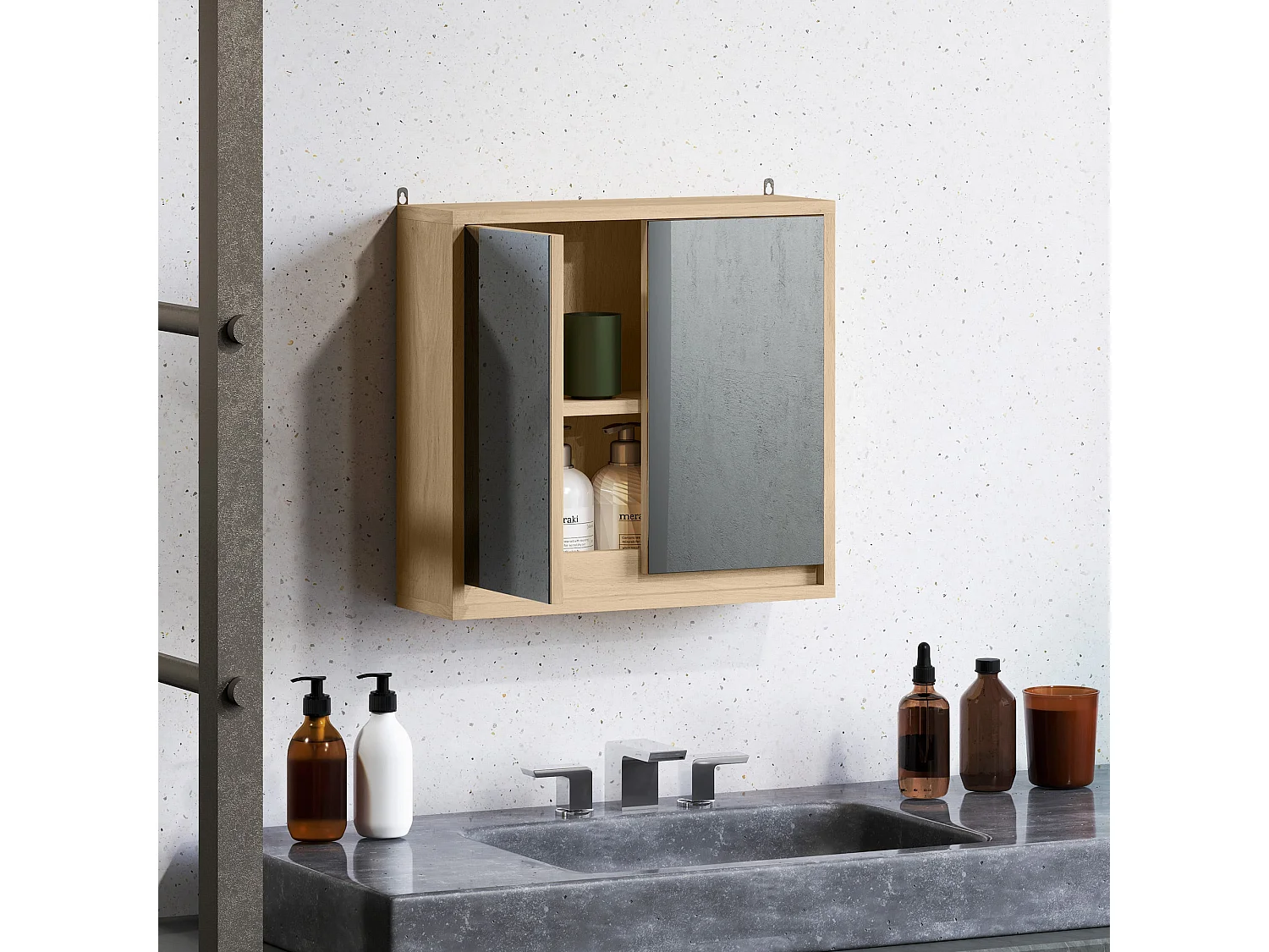 Armario de baño Ricotta Homcom 2 puertas con espejo natural 45x48x14,5 cm